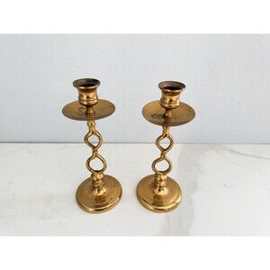 Vintage Solid Brass Pillar Candle Holders Set of 2 Stamped Made in USA 1960s